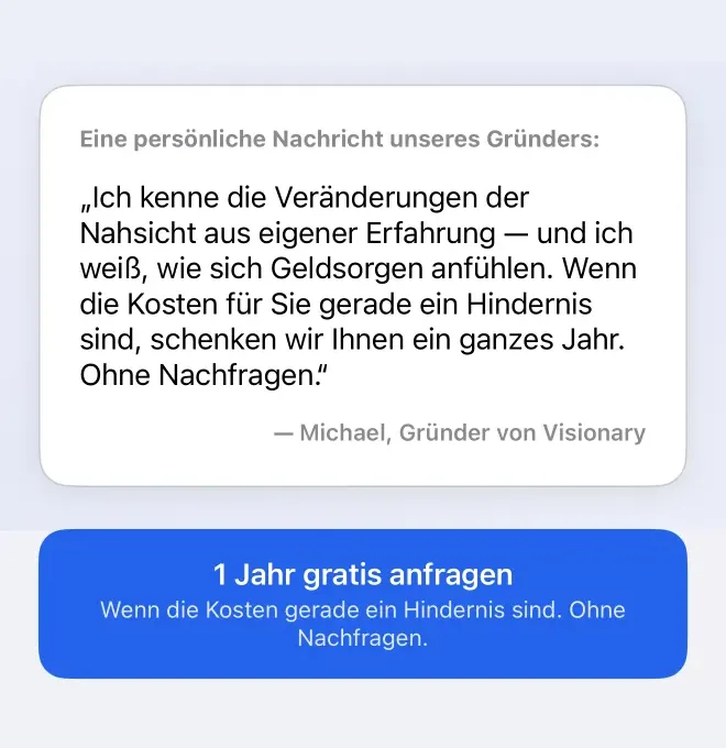 Persönliche Nachricht des Gründers in Get Visionary mit Ein-Tipp-Anfrage für ein Jahr Gratiszugang