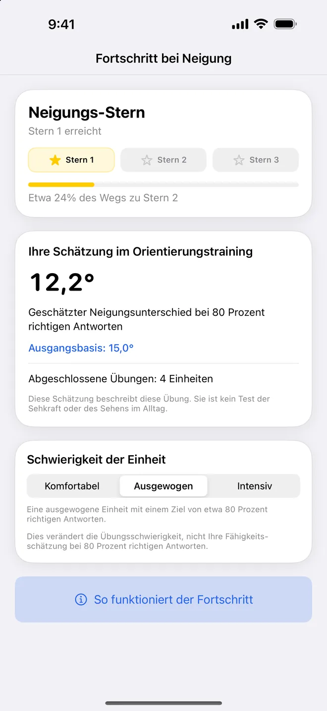 Get Visionary-Fortschrittsansicht für eine Übung: ein erreichter Stern, der Schätzwert der Übung und der Hinweis, dass dies kein Test der Sehkraft ist