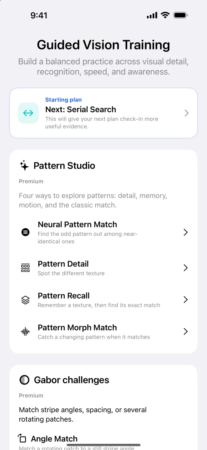 Get Visionary training screen with the starting plan, Pattern Studio, and Gabor challenges