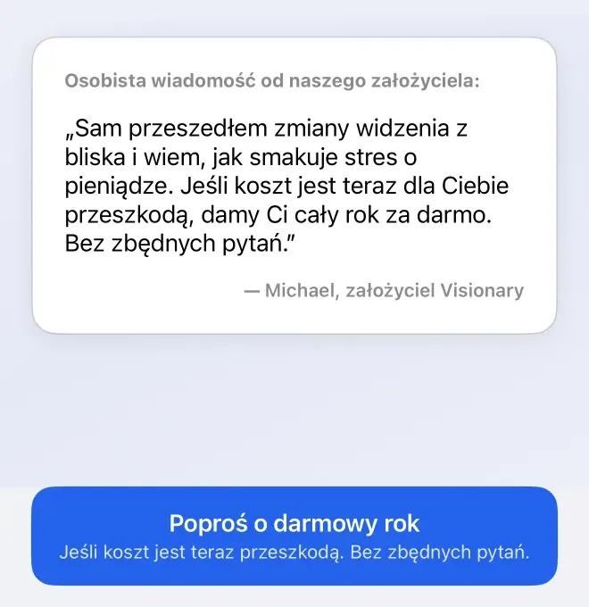 Wiadomość od założyciela w Get Visionary z prośbą o rok darmowego dostępu jednym dotknięciem