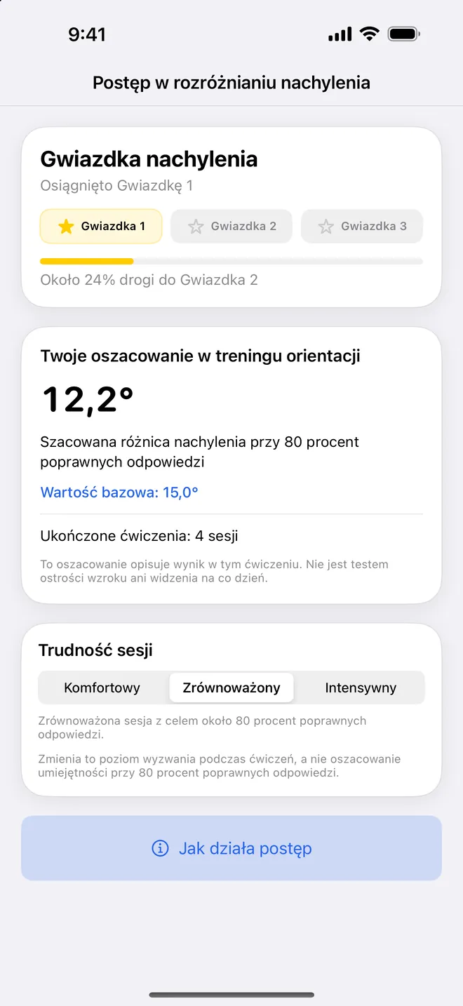 Ekran postępów Get Visionary dla jednego ćwiczenia: zdobyta gwiazdka, oszacowanie w ćwiczeniu i informacja, że to nie jest test wzroku