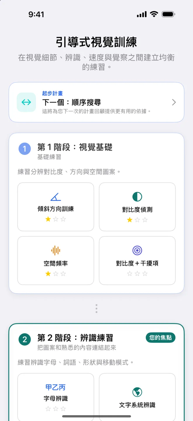 Get Visionary 的訓練畫面，包含入門計畫、圖案工作室與 Gabor 挑戰